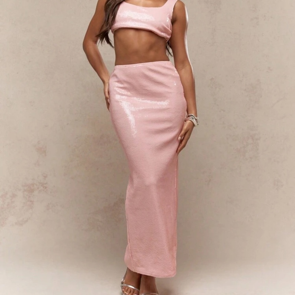 Pink Sequin Maxi Pencil Skirt Set